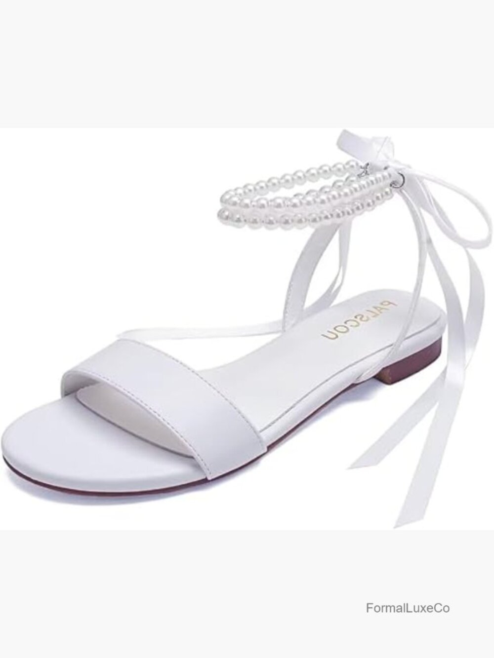 Flat Wedding Sandals with Pearl Ankle Strap Open Toe Bridal Shoes